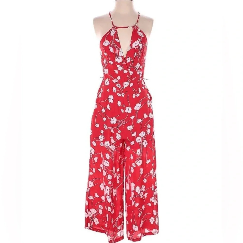 Maeve Anthropologie 2P Petite Red Floral Plunge Wide Leg Jumpsuit Summer Party